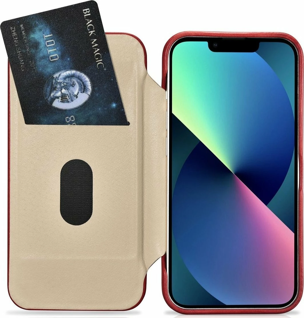 Mbështjellës iCarer CE Oil Wax Premium Leather Folio AKI14220707-RD për iPhone 14 Plus, lëkurë natyrale, me flapa magnetike, MagSafe, kuqe