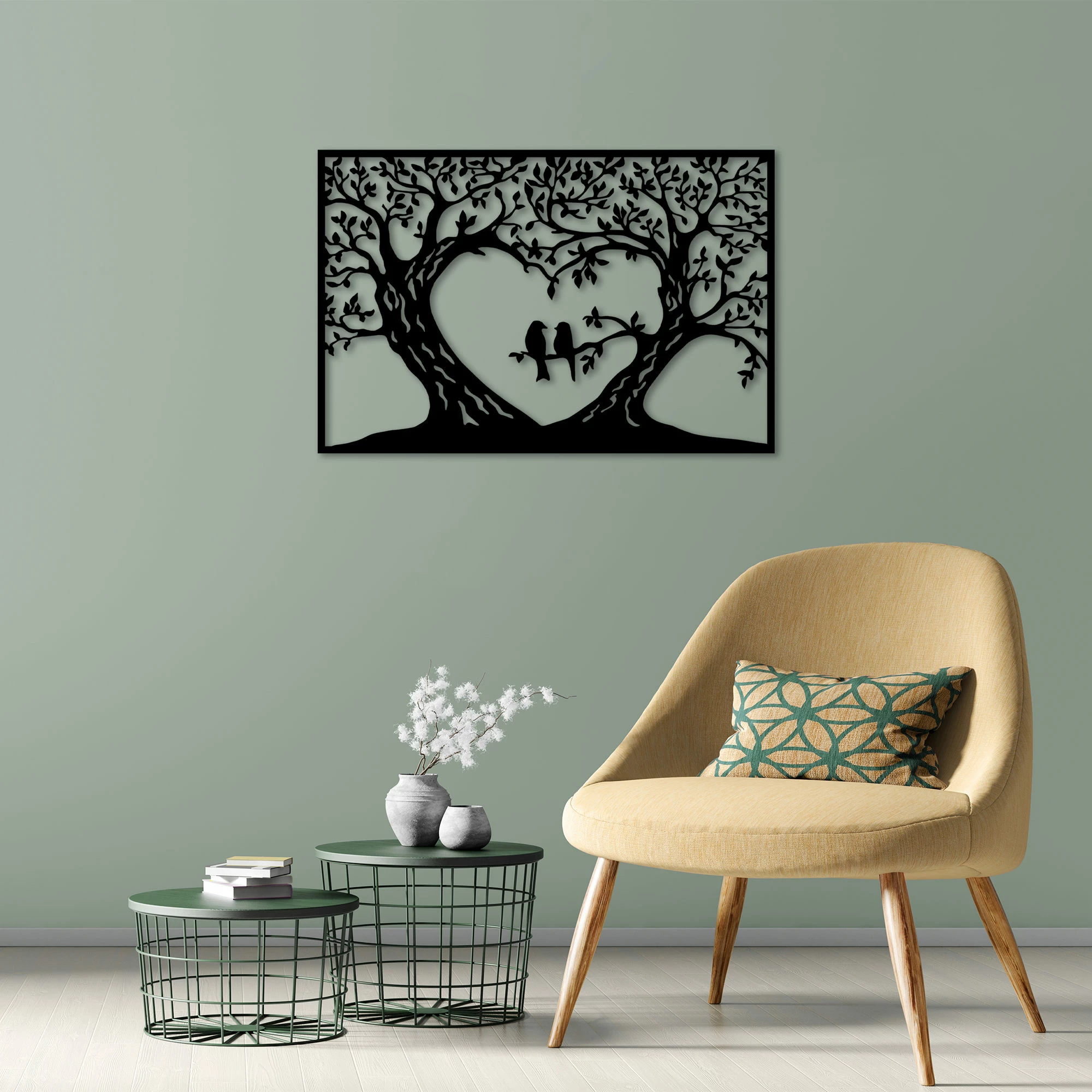 Aksesor dekorativ metalik për mur, zogj dashurie, Wallity, 60x90cm