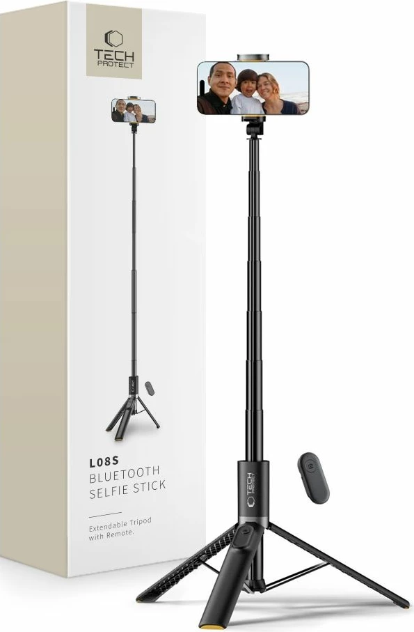 Selfie stick me tripod Tech-Protect L08S me telekomandë Bluetooth, deri 141cm, e zezë