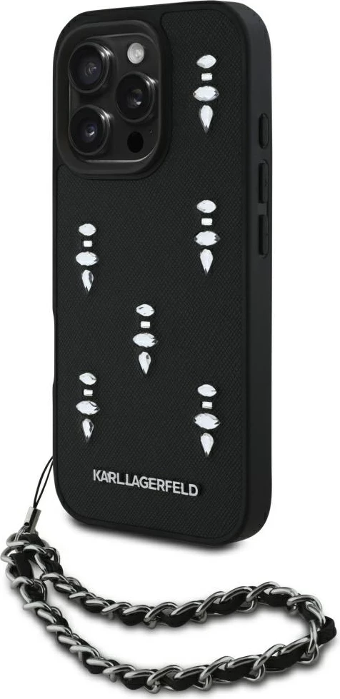 Mbështjellës Karl Lagerfeld Saffiano Crystals me zinxhir, për iPhone 16 Pro, i zi