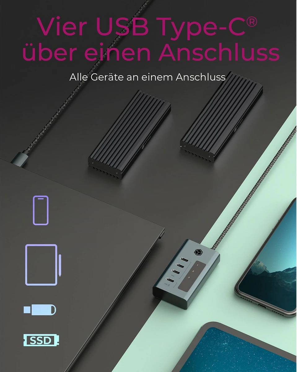 Hub USB ICY BOX IB-HUB1454-C31, USB 3.2 Gen 1/2, Type-C, 10000 Mbit/s, Blu, Gri, Alumini, 20 W