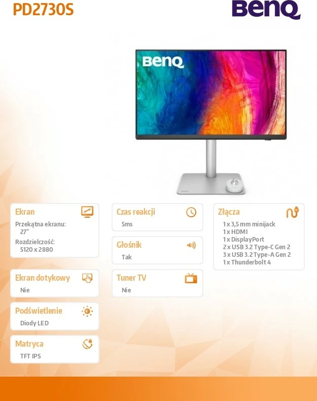 Monitor Benq PD2730S, 27", 5K, IPS, Thunderbolt 4, Argjendtë/Bardhë
