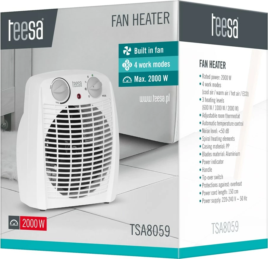 Ngrohës me ventilator Teesa TSA8059, 2000 W, i bardhë