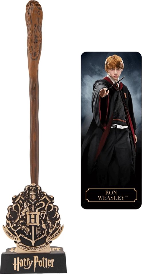 Stilolaps replikë shkop magjik Cinereplicas Harry Potter Ron Weasley 25.3 cm, me bazament dhe shënues libri, kafe