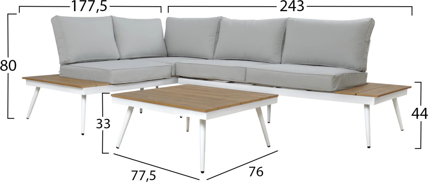 Set këndor divanësh me tavolinë për jashtë, alumin, ngjyrë gri, e bardhë, dru, FH5126.11
