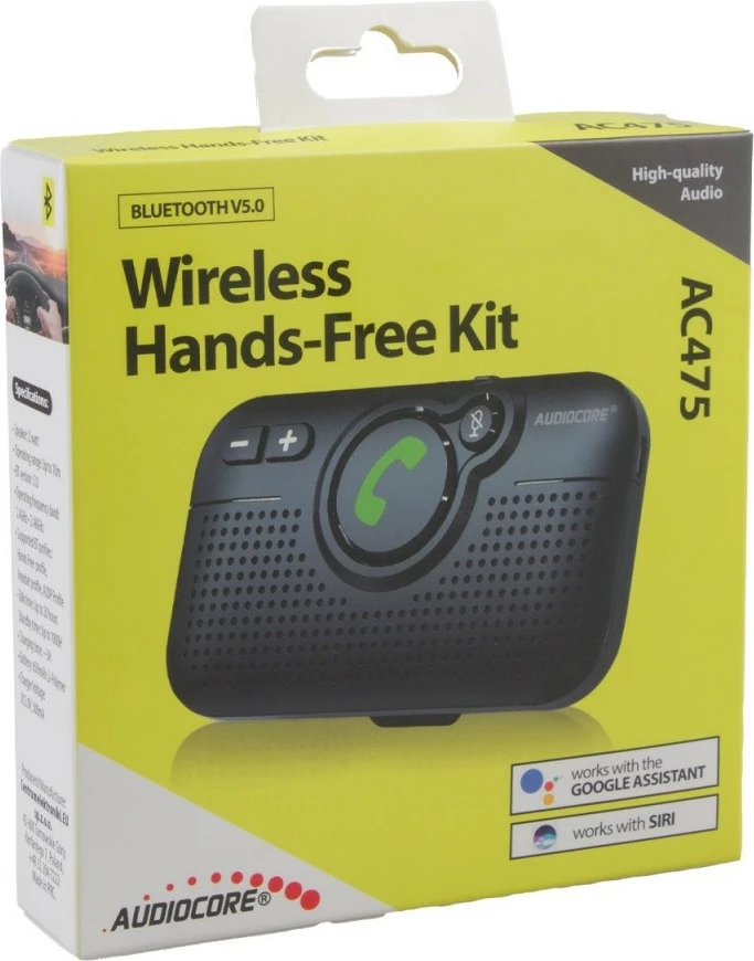 Kit hands-free Bluetooth, Audiocore AC475, BT 5.0 A2DP, altoparlant 2W, DSP anulim jehone, mbështetje Google/Siri, e zezë