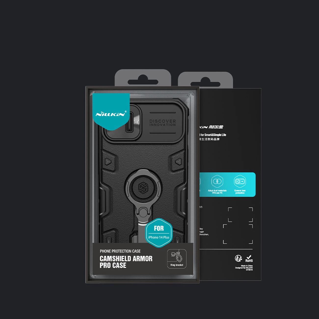 Mbështjellës Nillkin CamShield Armor Pro për iPhone 14 Plus, me kapak kamere, mbajtëse gishti dhe stand, Blu