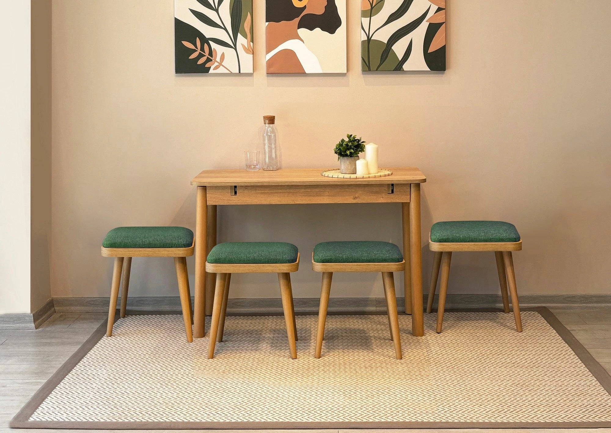 Set tavoline me karrige, zgjatshme, 6 pjesë, Skye Decor, Vina Mini 06 1070, ngjyrë lis, e gjelbër