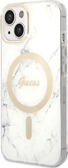 Set mbështjellës Guess Marble Collection me karikues wireless MagSafe për iPhone 14 6.1", Bardhë