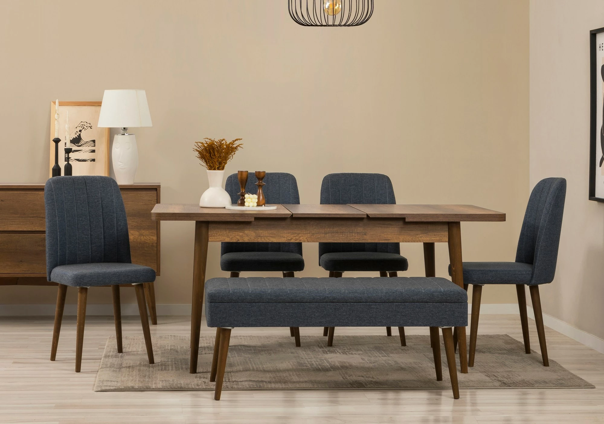 Set tavolinë me karrige dhe konsol, zgjatues, 7 pjesë, Skye Decor, Vina 03 1048, ngjyrë arre, blu e errët