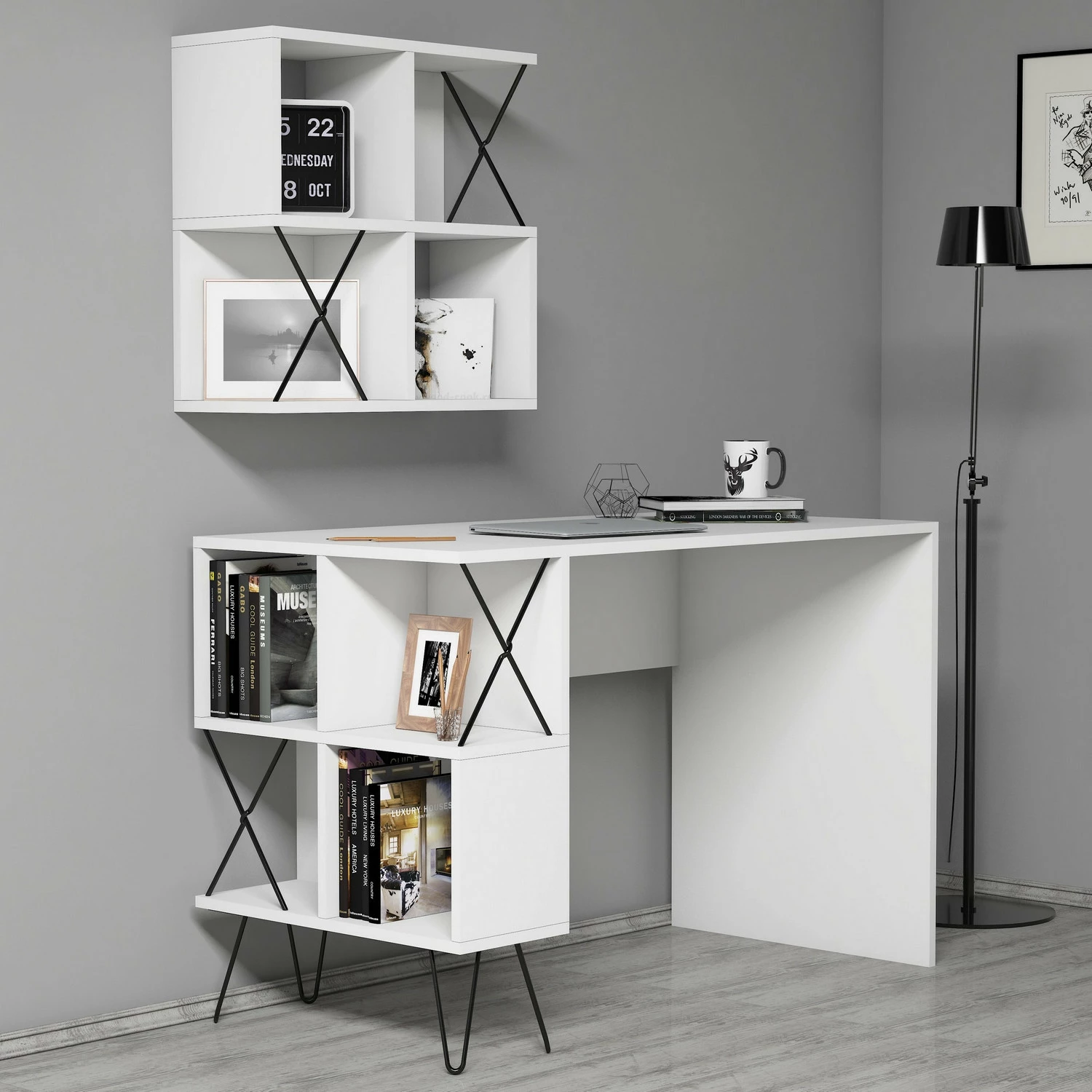 Tavolinë studimi moderne, e bardhë/zezë, Skye Decor, Extra 2, me rafte muri