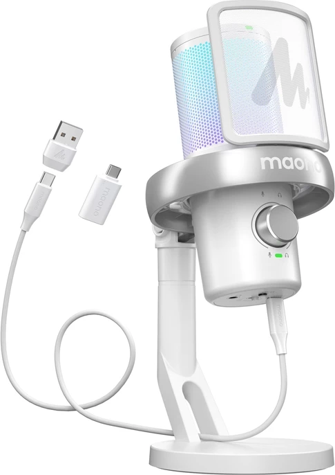 Mikrofon wireless Maono DM40 Pro, kondensator, AI Voice Changer, RGB, i bardhë