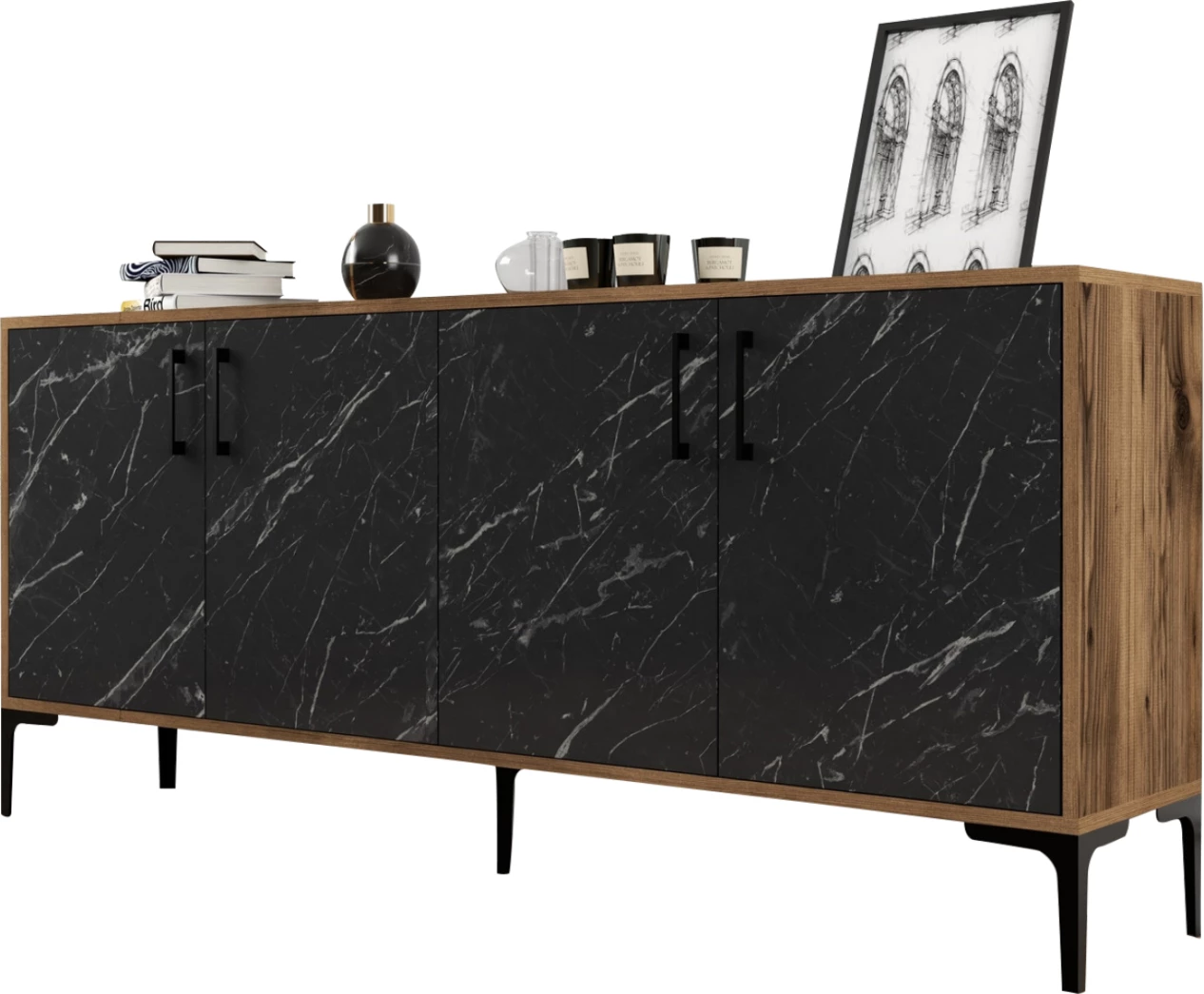 Bufe FH9428.03 melaminë, ngjyrë arre, me dyer me pamje mermeri të zi, 180x35x78H cm