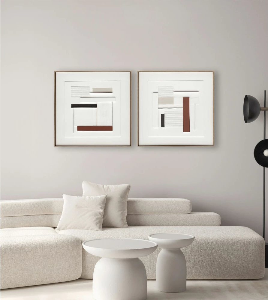 Pikturë dekorative RORTER, kanavacë, ngjyrë e bardhë, bezhë, terrakotë, e zezë, dru natyral, 80x80x5cm