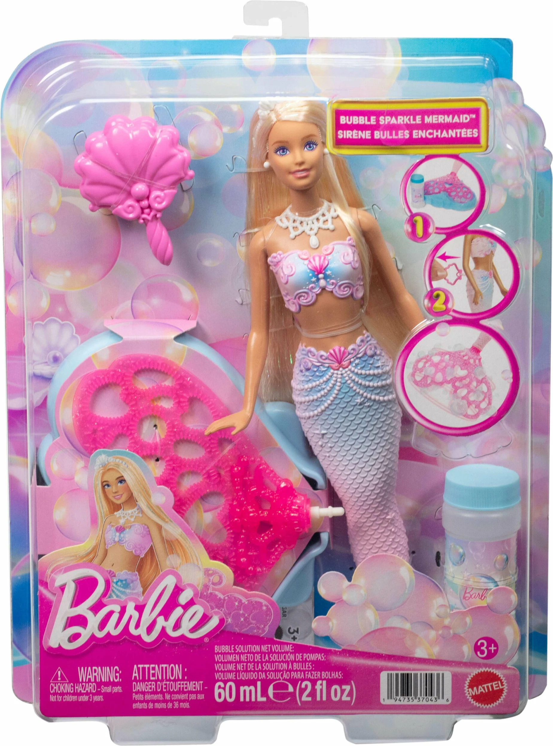 Kukull sirenë Barbie Dreamtopia Bubble Mermaid Mattel JLW56, me mekanizëm flluskash pa bateri, set me tabaka, solucion dhe brushë, rozë