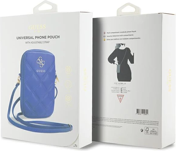 Mbështjellës për celular Guess Zip Quilted 4G, lëkurë artificiale, kaltër