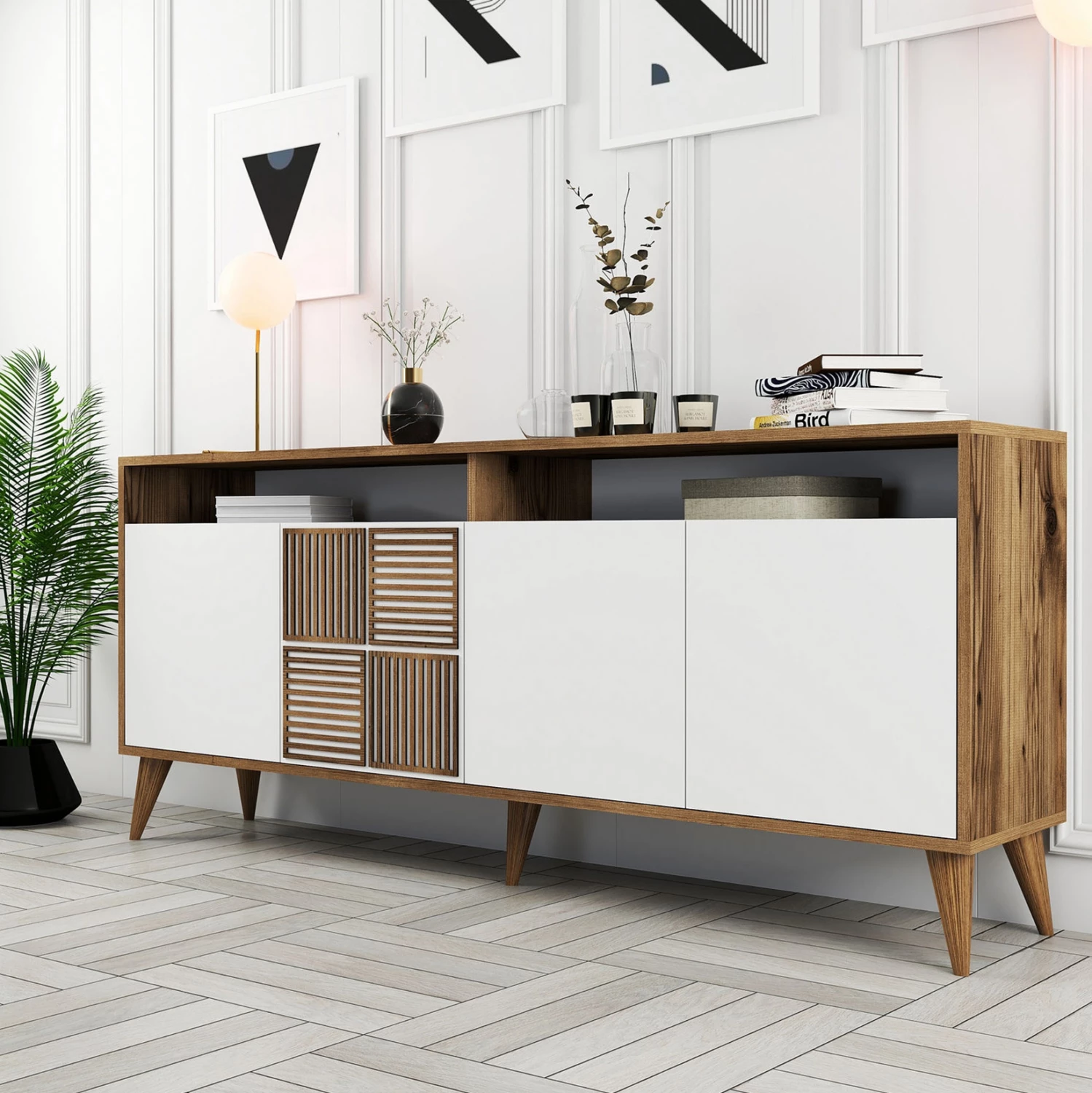 Bufe melamine në ngjyrë arre me dyer të bardha 180x35x78.6Hcm.FH9431.02