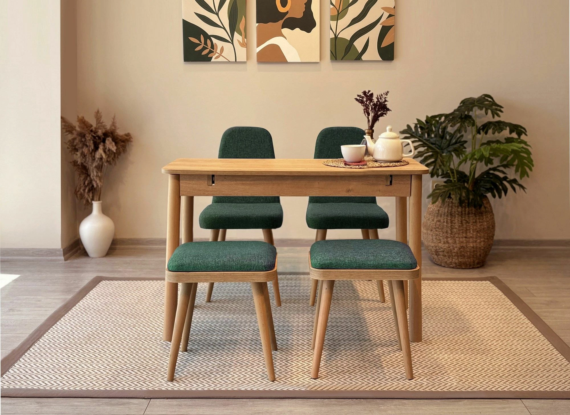 Tavolinë me karrige të zgjatshme, 5 copë, ngjyrë lis dhe e gjelbër, Skye Decor, Vina Mini 02 1070