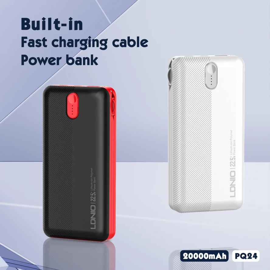 Power bank LDNIO PQ24 20000mAh 22.5W me 1x USB-A + kabllo të integruara USB-C/Lightning (1C1L), bardhë