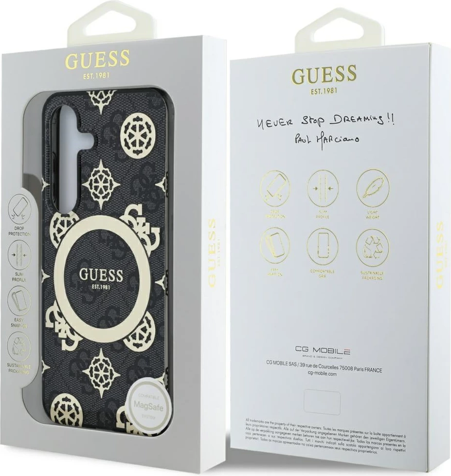 Mbështjellës Guess 4G Background Gold Electroplated Peony Pattern MagSafe për Samsung Galaxy S25, Zi
