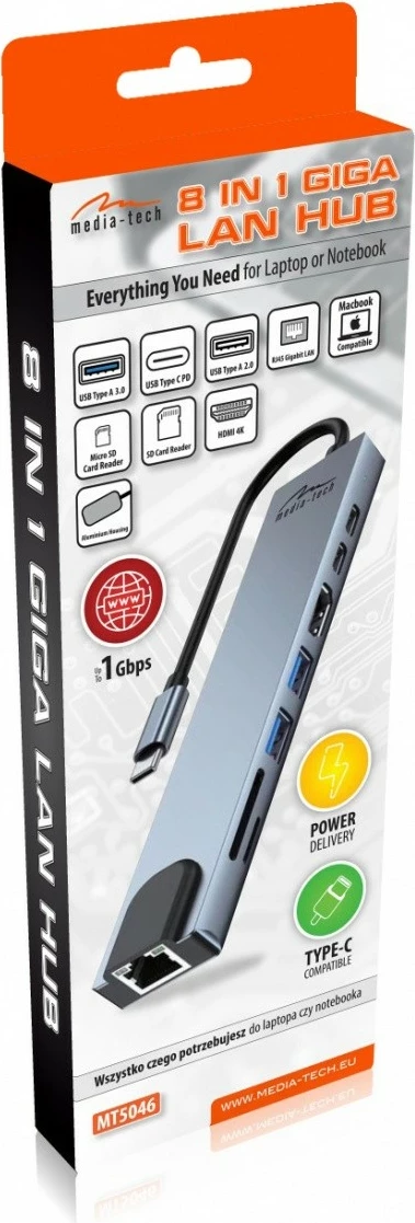 Kasë Media-Tech MT5046, 8 porte, Docking Station, Alumini
