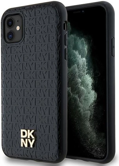 Mbështjellës DKNY Leather Monogram Pattern Metal Logo MagSafe për iPhone 11/XR, i zi
