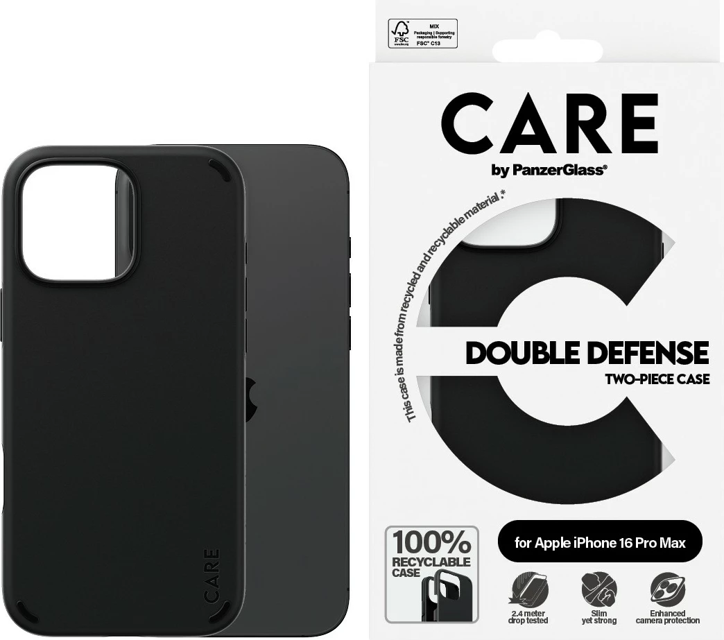 Mbështjellës PanzerGlass CARE Case Feature Double Defence për iPhone 16 Pro Max, e zezë
