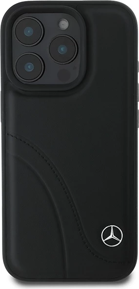 Mbështjellës Mercedes MB Curved Stitches Leather për iPhone 16 Pro, i zi