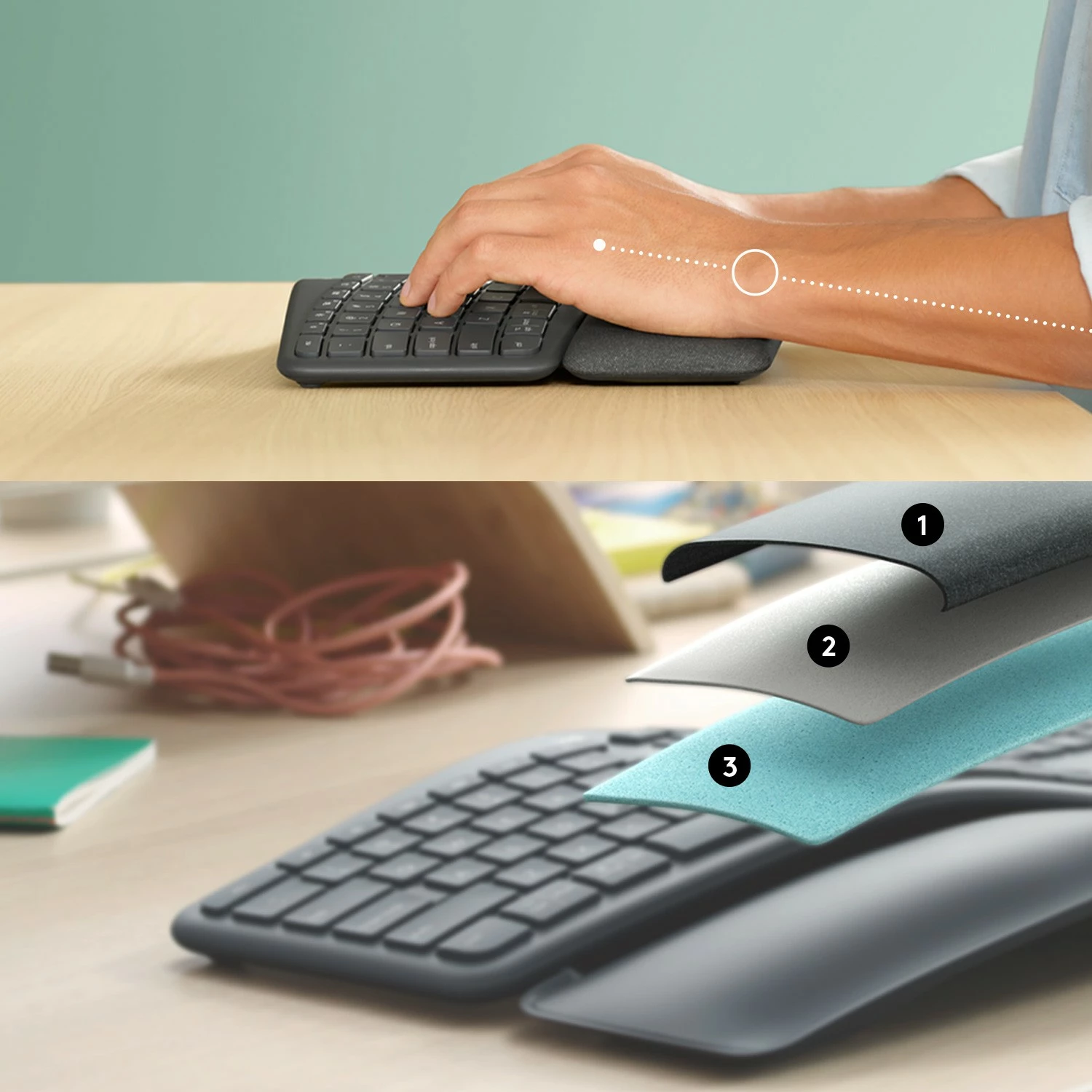Tastierë Logitech ERGO K860, Full-size, Wireless, RF Wireless + Bluetooth, Graphite