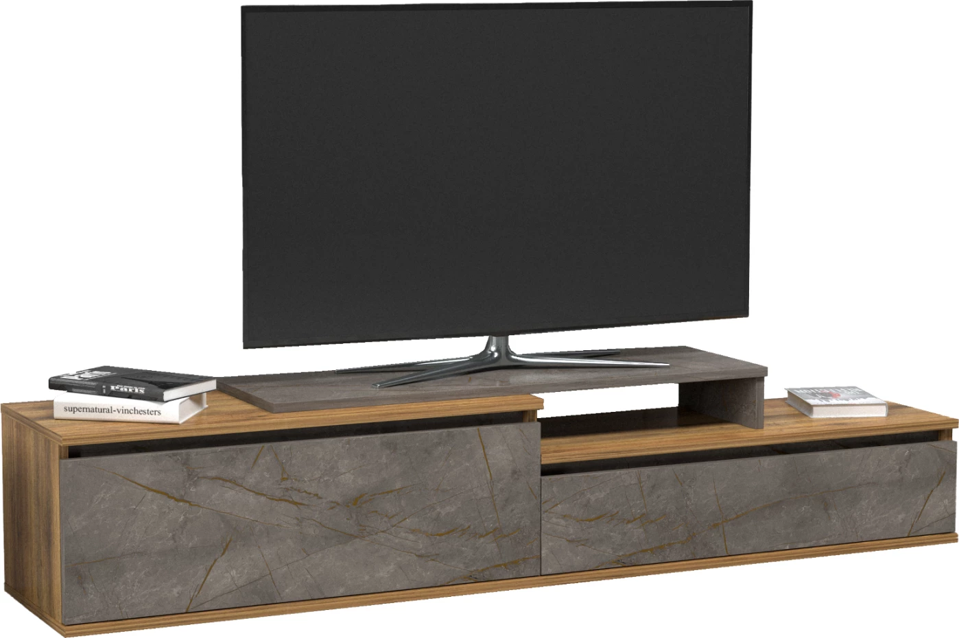 Mobilje TV LEIS FH18186 melaminë, ngjyrë druri natyral dhe mermeri gri, 180x35x42 cm