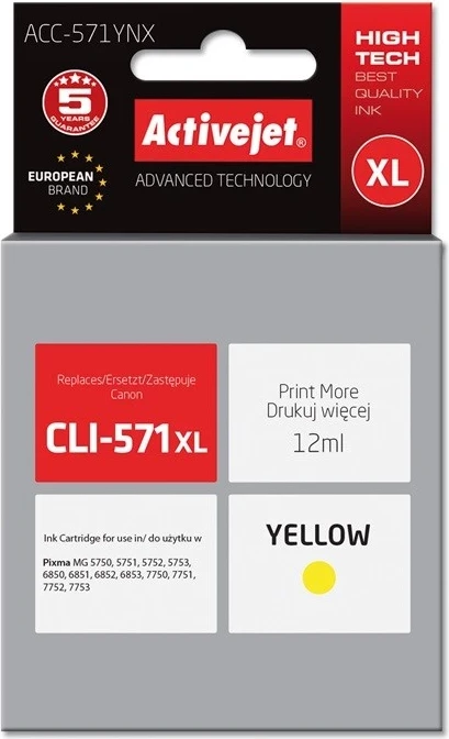 Ngjyrë zëvendësuese Activejet ACC-571YNX për printer Canon, 12ml, e verdhë