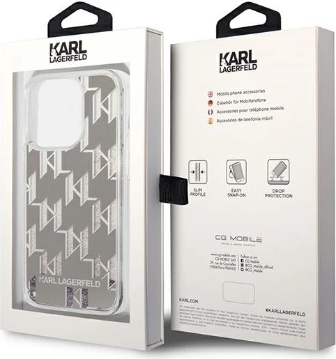 Mbështjellës Karl Lagerfeld KLHCP14XLMNMS për iPhone 14 Pro Max 6.7", hardcase, Liquid Glitter Monogram, argjendtë