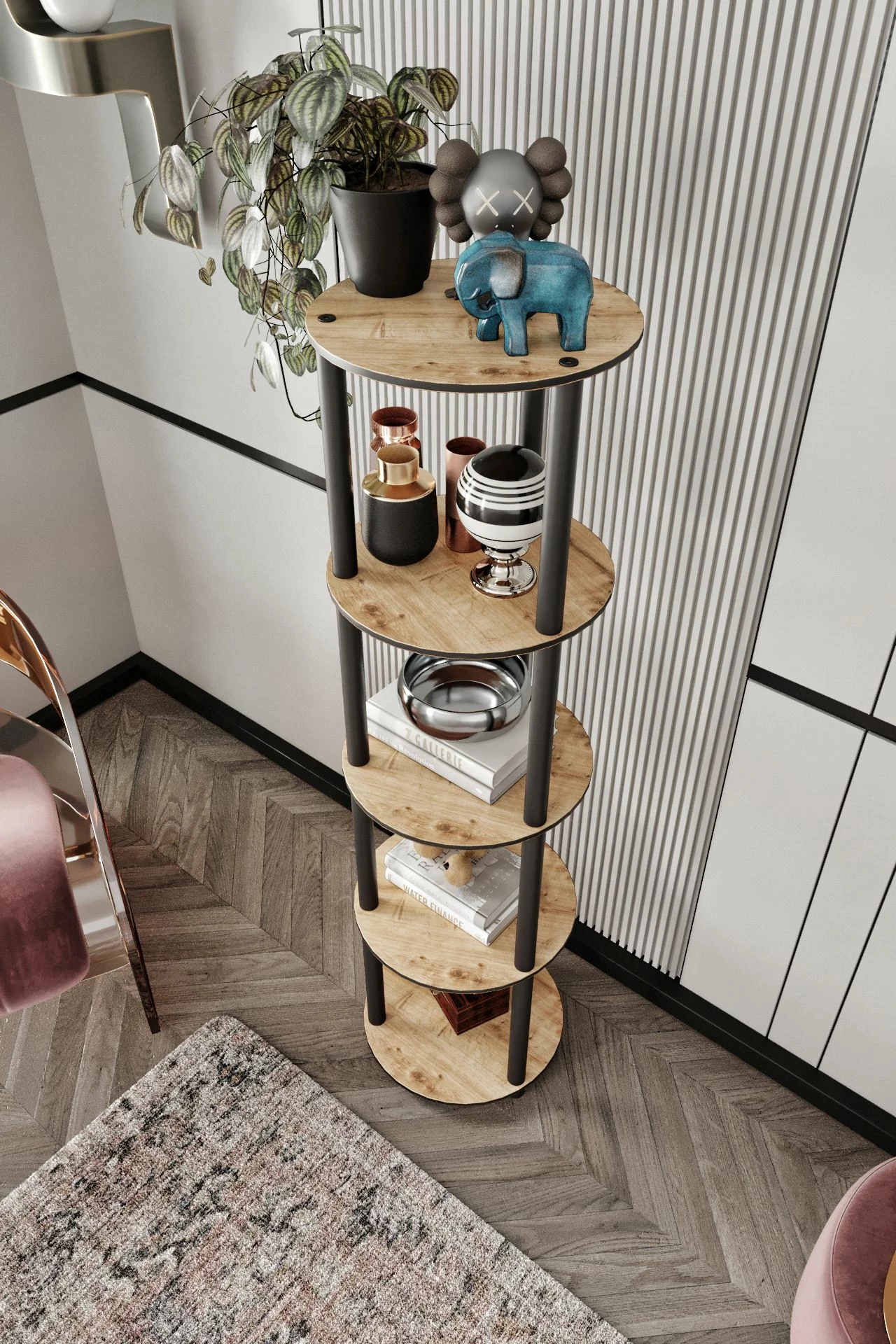 Raft librash Skye Decor, 5 kate, i rrumbullakët, ngjyrë lisi