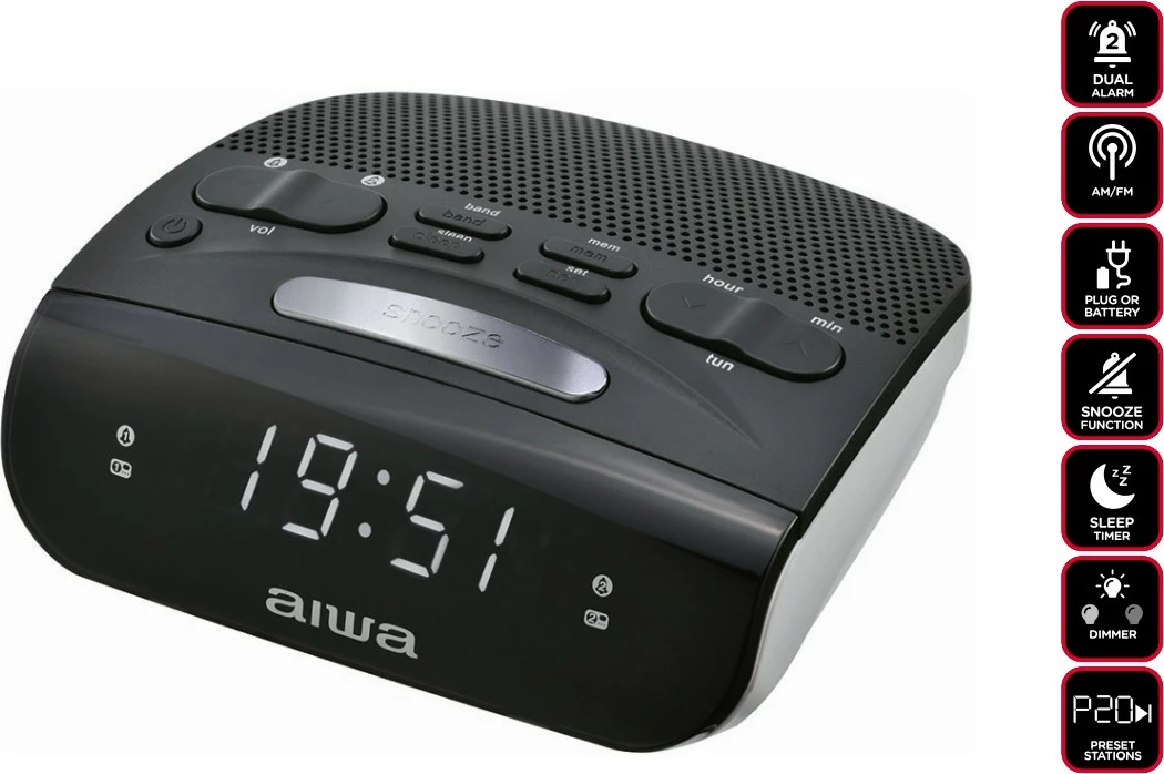 Orë alarmi me radio Aiwa CR-15, MW/FM PLL, dual alarm, ekran LED 0.6", e zezë