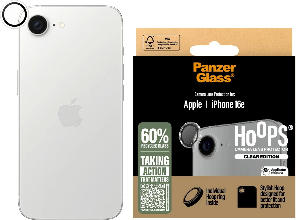 Mbrojtës kamere PanzerGlass Hoops për iPhone 16e, transparent
