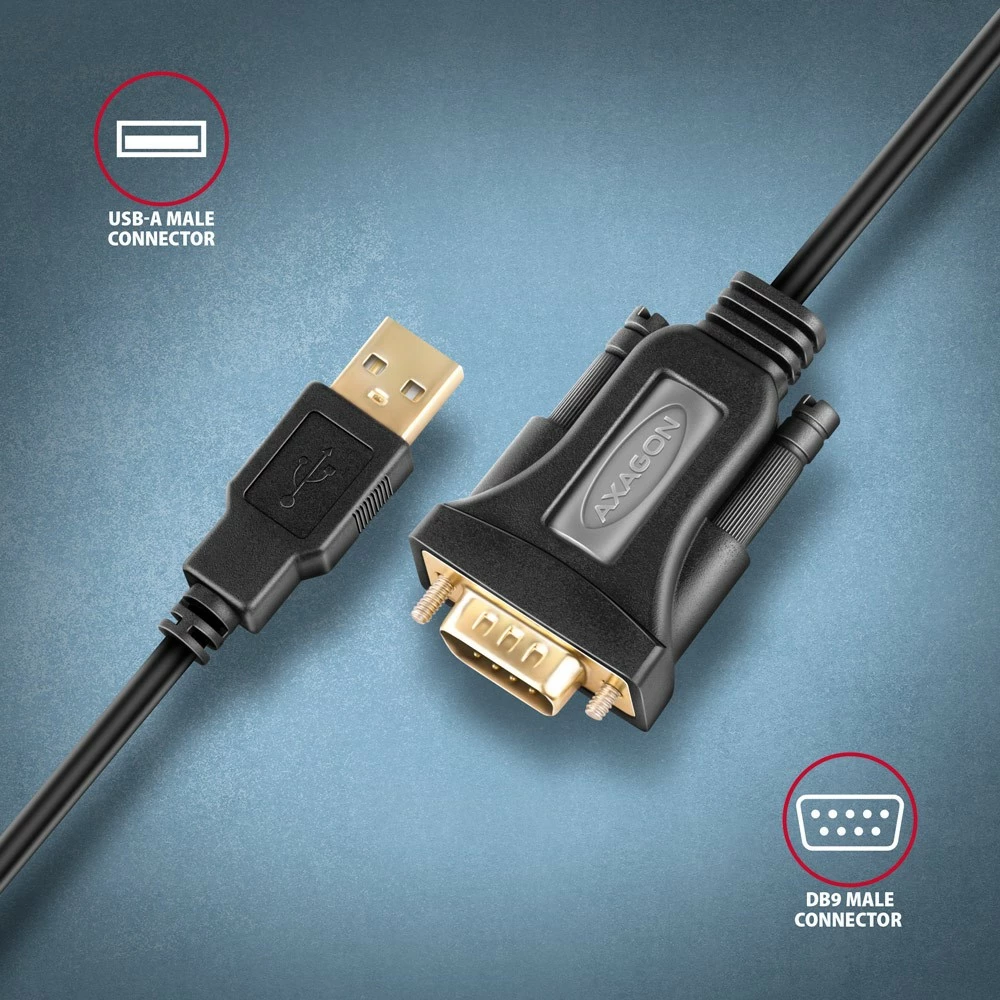 Adapter AXAGON ADS-1PQN USB 2.0 në RS-232, 1.5m, FTDI, i zi