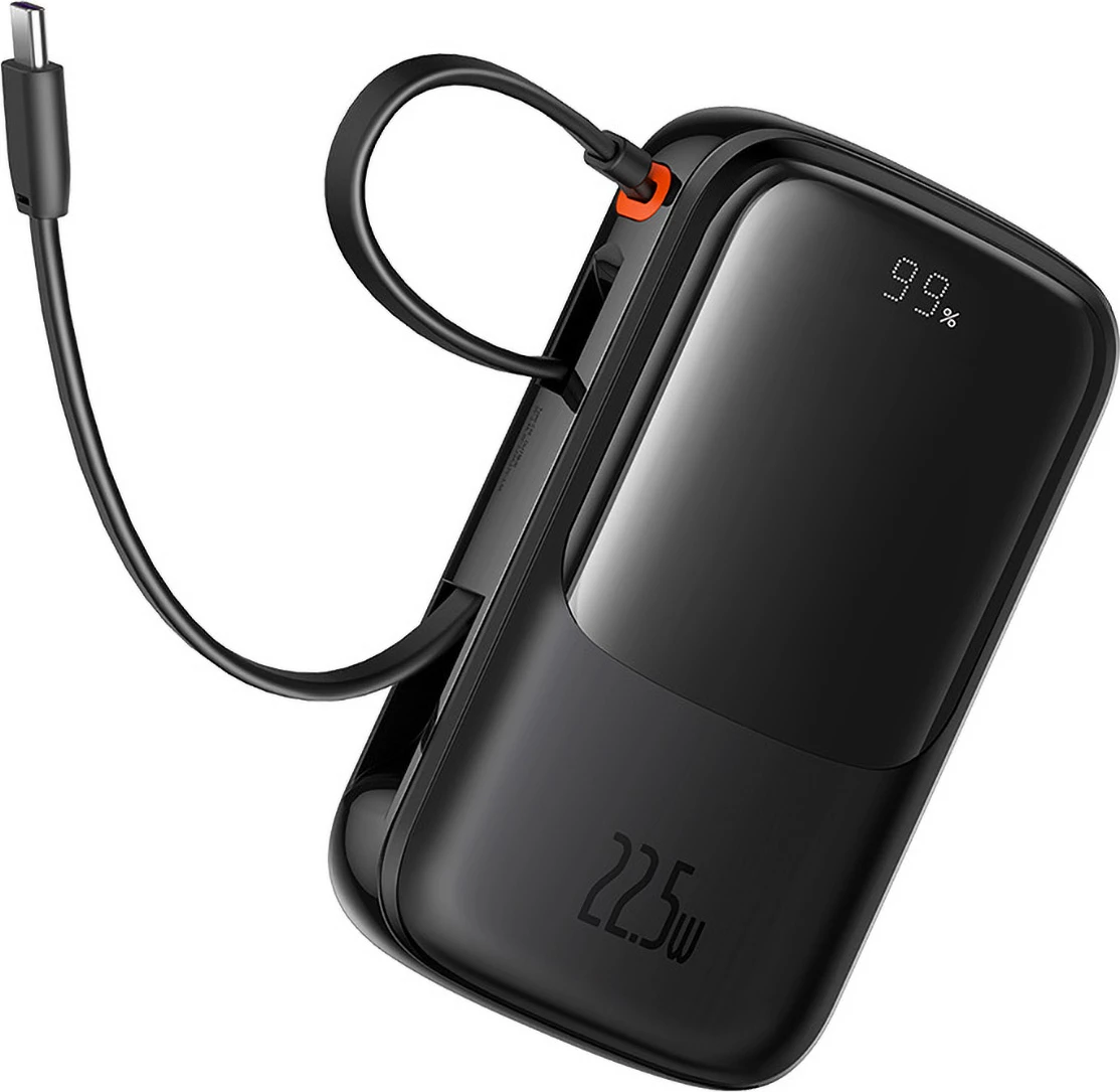 Powerbank Baseus QPow Pro+ 10000mAh, 22.5W, me kabllo USB-C të integruar dhe ekran, e zezë