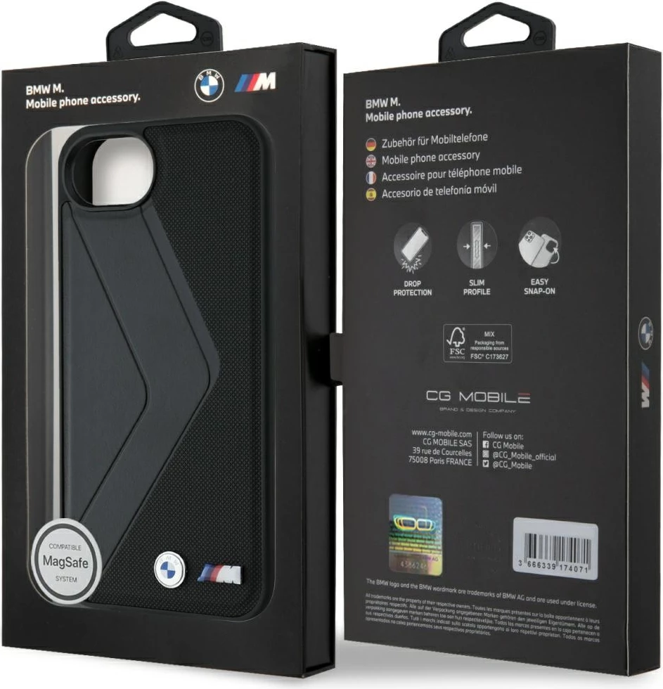 Mbështjellës BMW Oversized Stripes MagSafe për iPhone 16e, lëkurë, e zezë