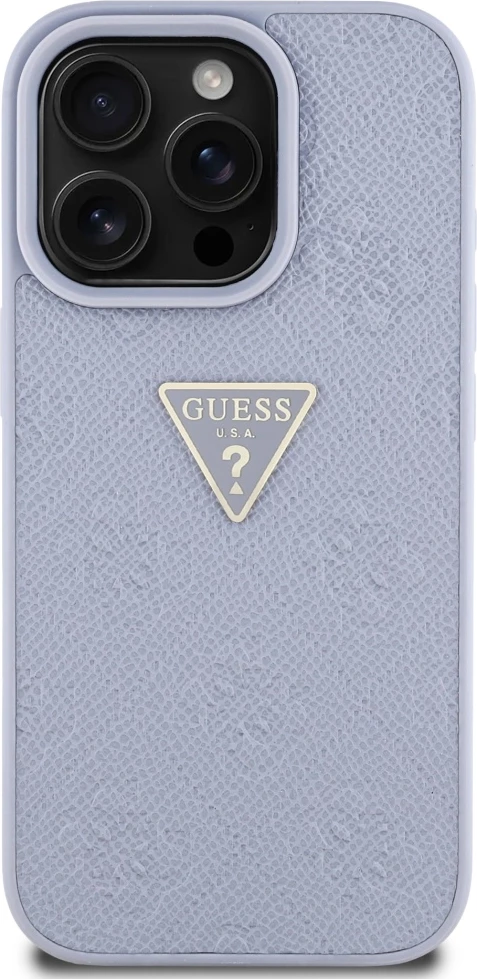 Mbështjellës Guess Hot Stamp 4G Pattern Triangle Metal Logo për iPhone 16 Pro Max, Vjollcë