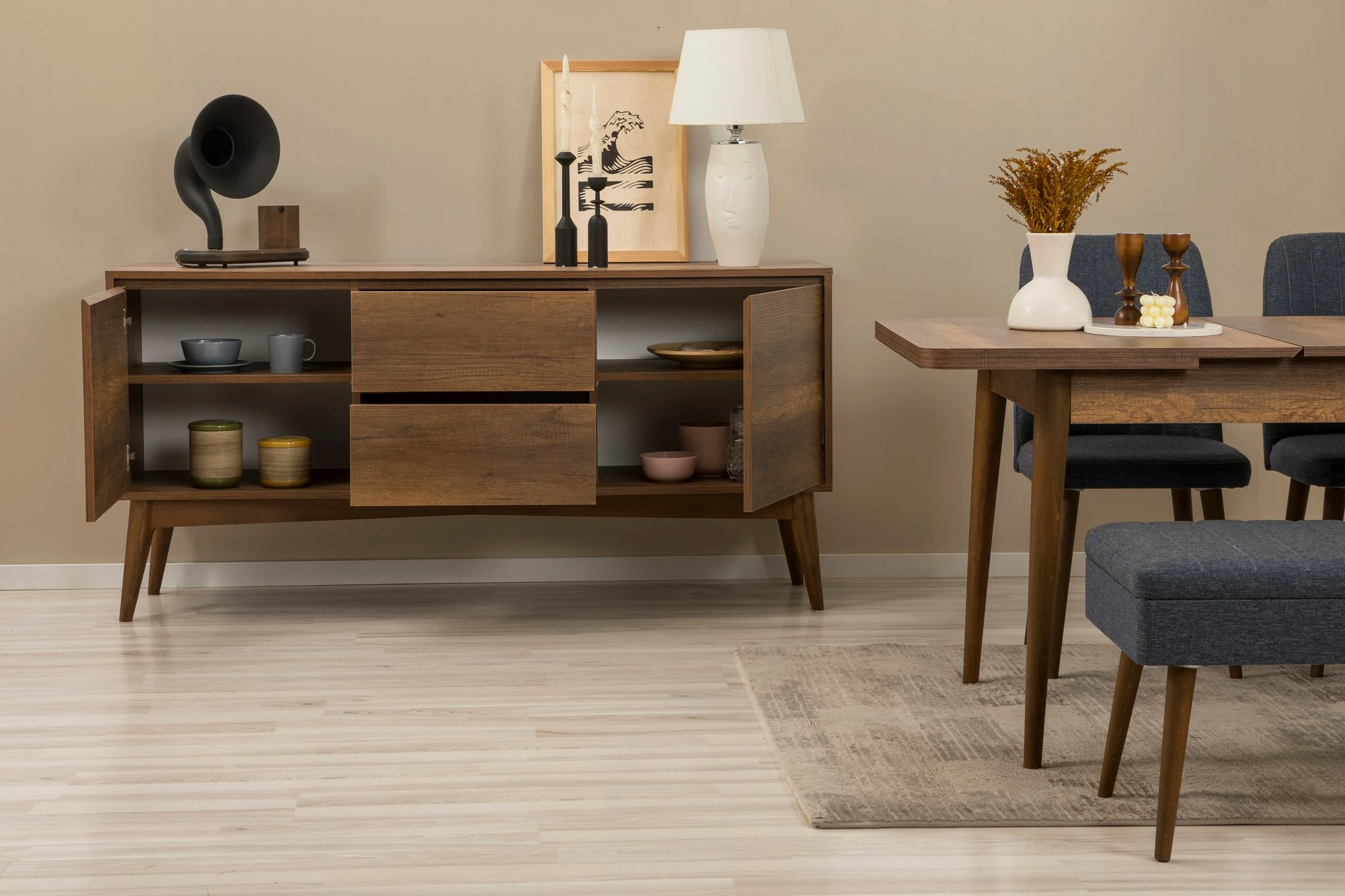 Set tavolinë me karrige dhe konsol, zgjatues, 7 pjesë, Skye Decor, Vina 03 1048, ngjyrë arre, blu e errët