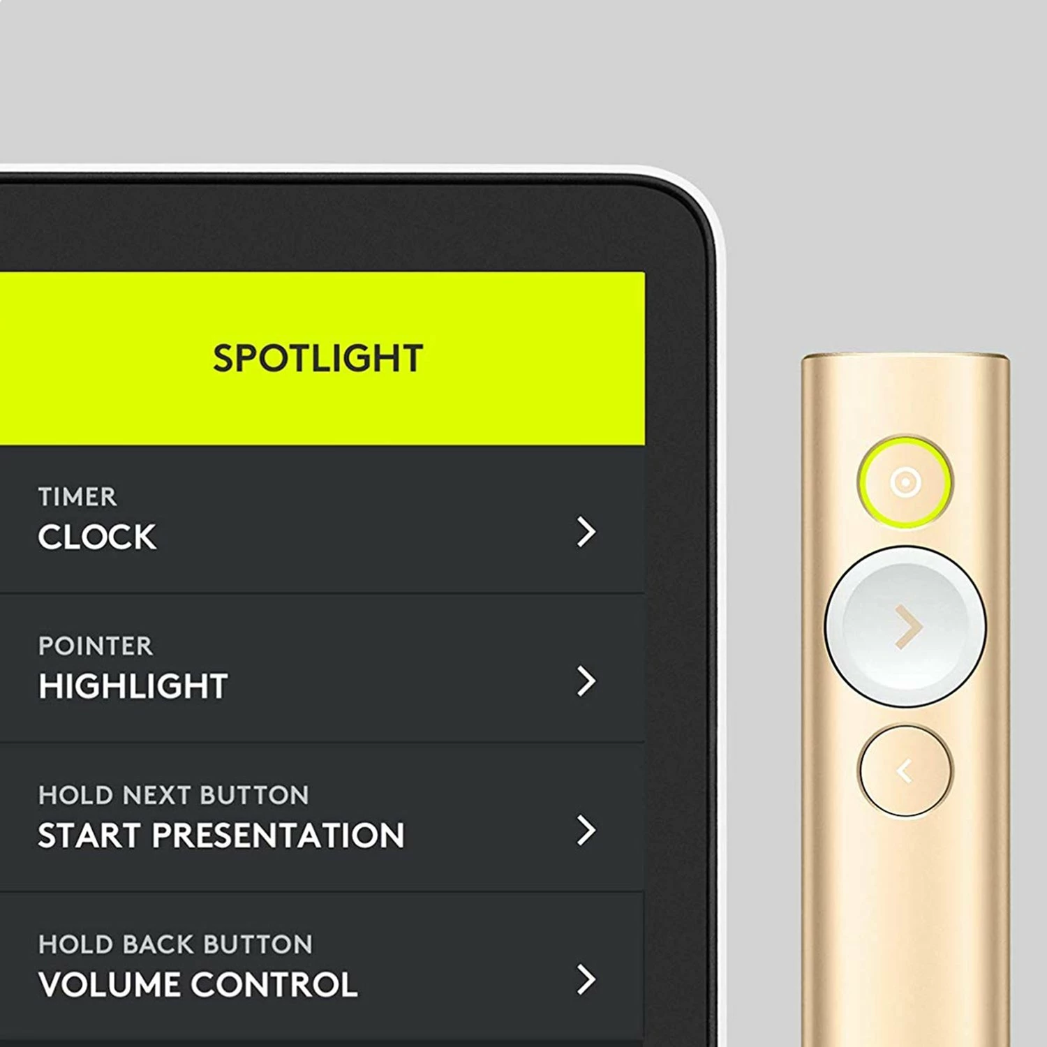 Telekomandë prezantimi Logitech Spotlight 910-004862, rreze 30 m, Bluetooth/USB receiver, karikim USB-C, me kasë, gold