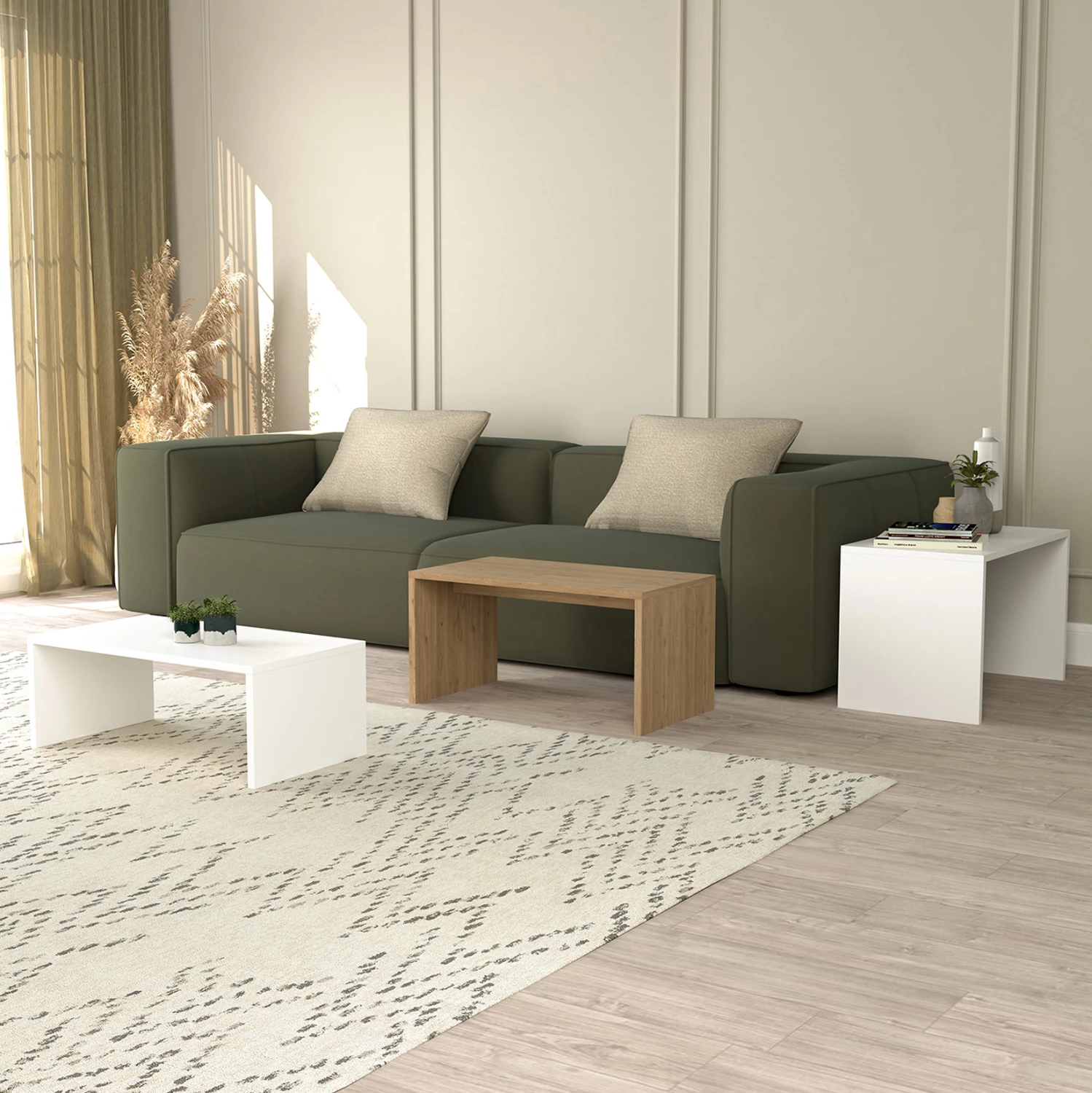 Tavolina kafeje 3 copë, BENTIL, melaminë, ngjyrë sonama-bardhë, 65x35x45Hcm