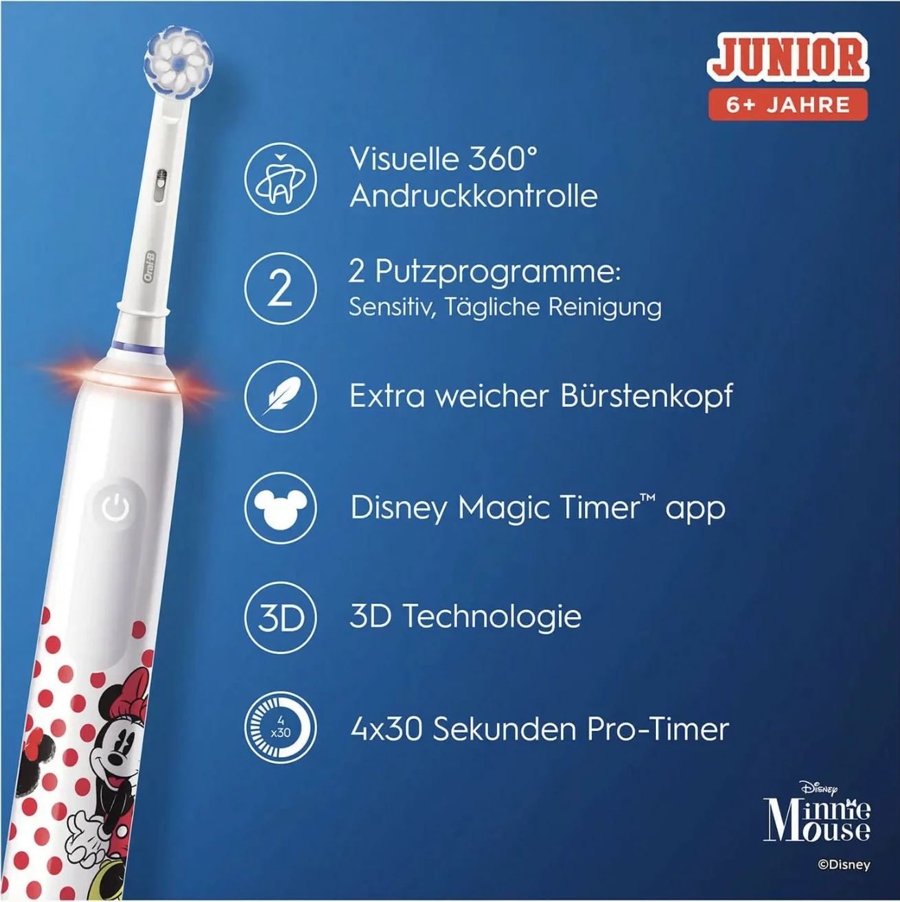 Furçë dhëmbësh elektrike Oral-B Braun Junior Minnie Mouse, për fëmijë, ngjyra e zezë, e kuqe, e bardhë