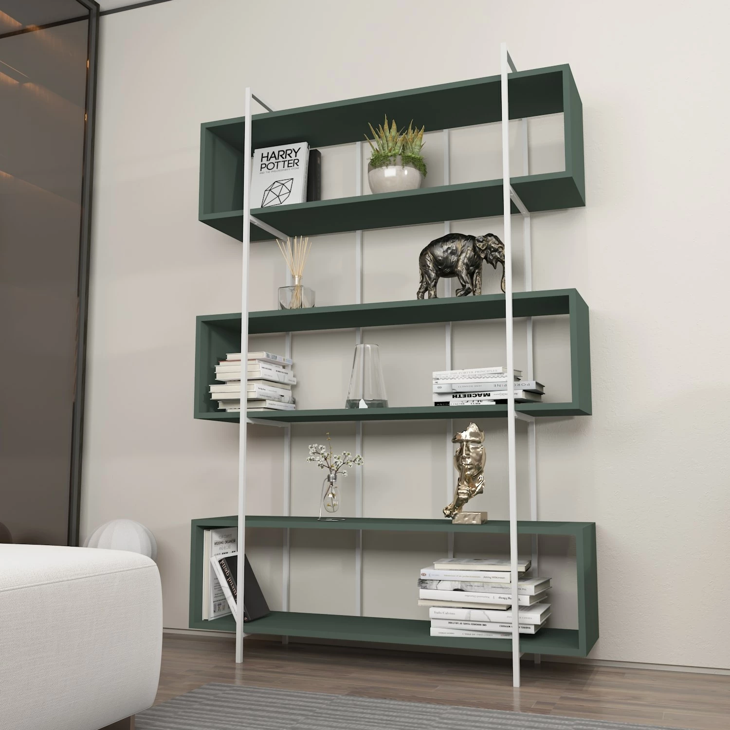 Raft librash Hanah Home, Bruti, ngjyrë e gjelbër dhe e bardhë