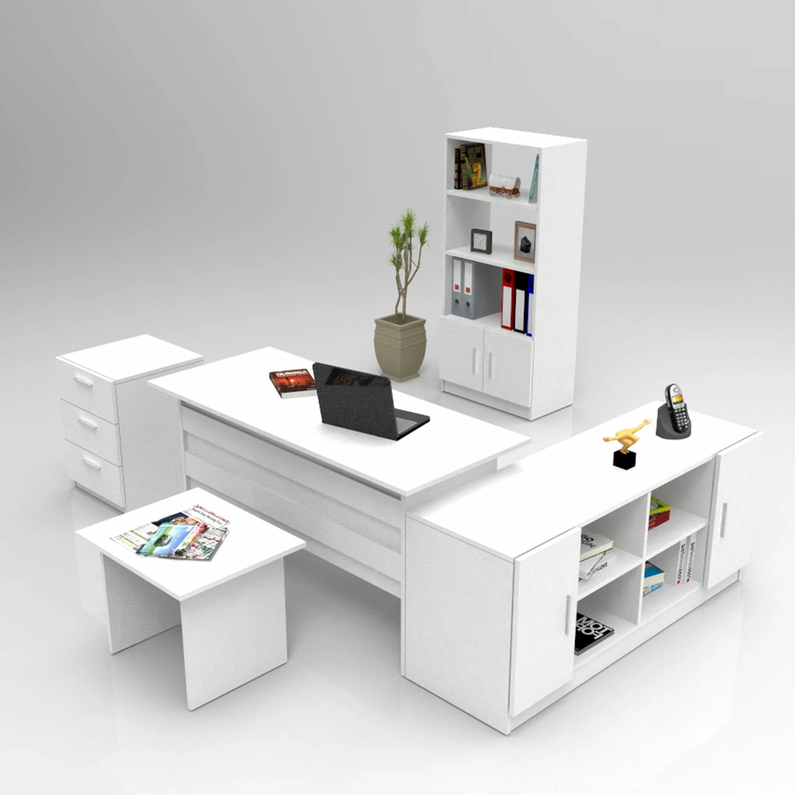 Set mobiljesh për zyre, ngjyrë e bardhë, Hanah Home, Vo15-W