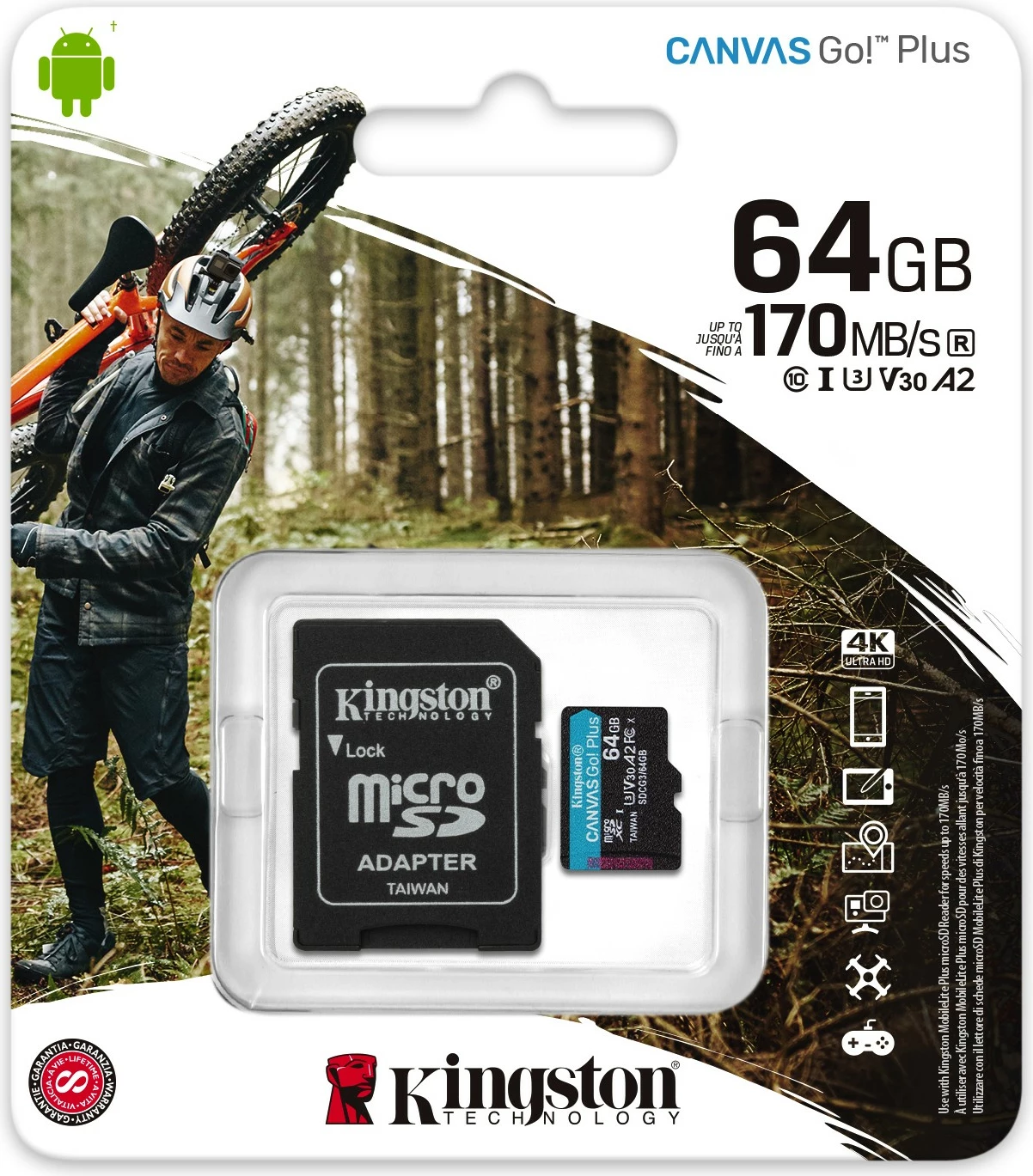MicroSD kartelë Kingston Canvas Go Plus 64GB me adapter SD, Class 10, UHS-I, 170MB/s, e zezë