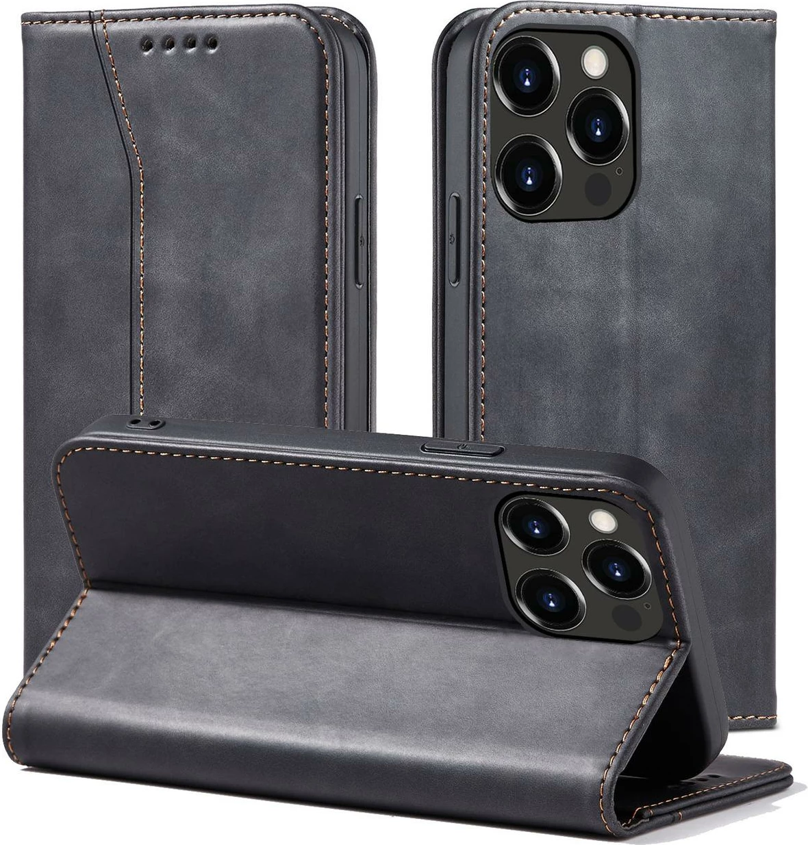 Mbështjellës Hurtel Magnet Fancy Case për iPhone 13 Pro Max, portofol, me mbajtëse, e zezë