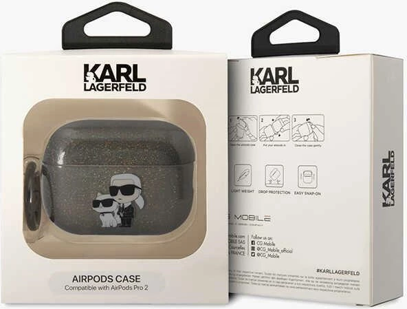 Mbështjellës Karl Lagerfeld KLAP2HNKCTGK për AirPods Pro 2, Glitter Karl&Choupette, i zi
