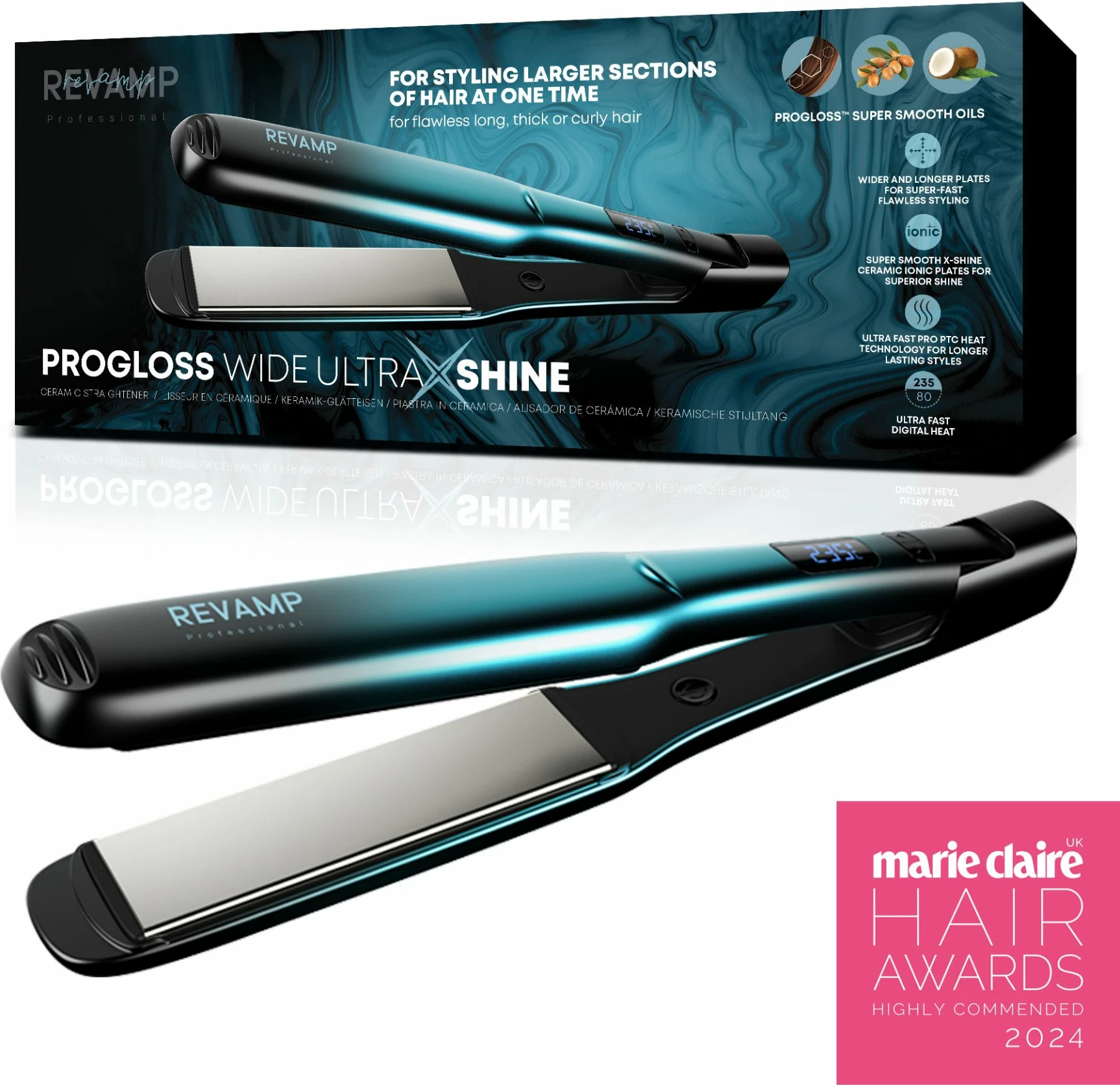 Hekur për flokë Revamp Progloss Wide Ultra X Shine ST-2000, pllaka qeramike të gjera, 80-235°C, jonik, kabllo 3 m, me pad silikoni, blu metalike