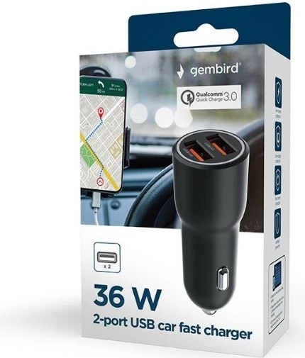 Karikues veture Gembird TA-UC-A2QC36-CAR-01, 2x USB-A QC3.0, 36W, Zi